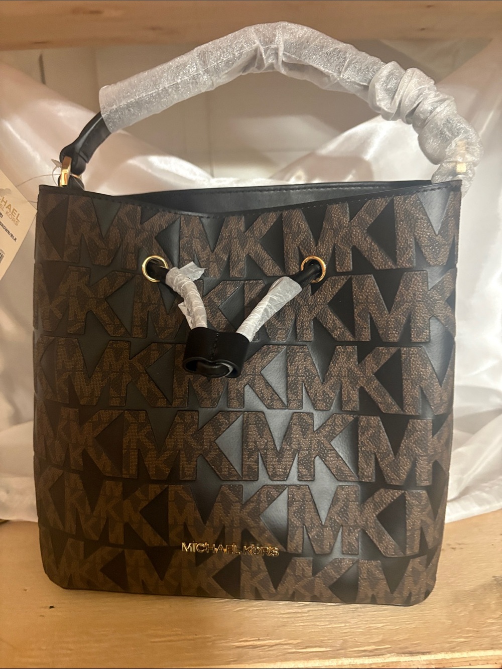 Michael Kors Brown and Black MK Logo Drawstring Tote